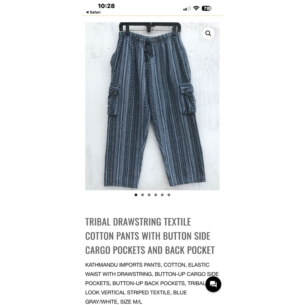 Kathmandu Imports Striped Cotton Cargo Pants Blue Gray Boho Drawstring S/M
